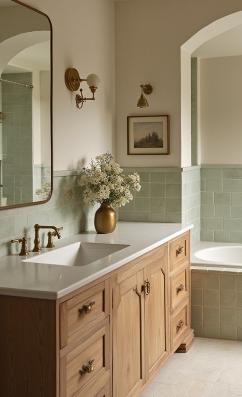 Bathroom: Transitional Style with Arched Bathtub Alcove and Sage Tile