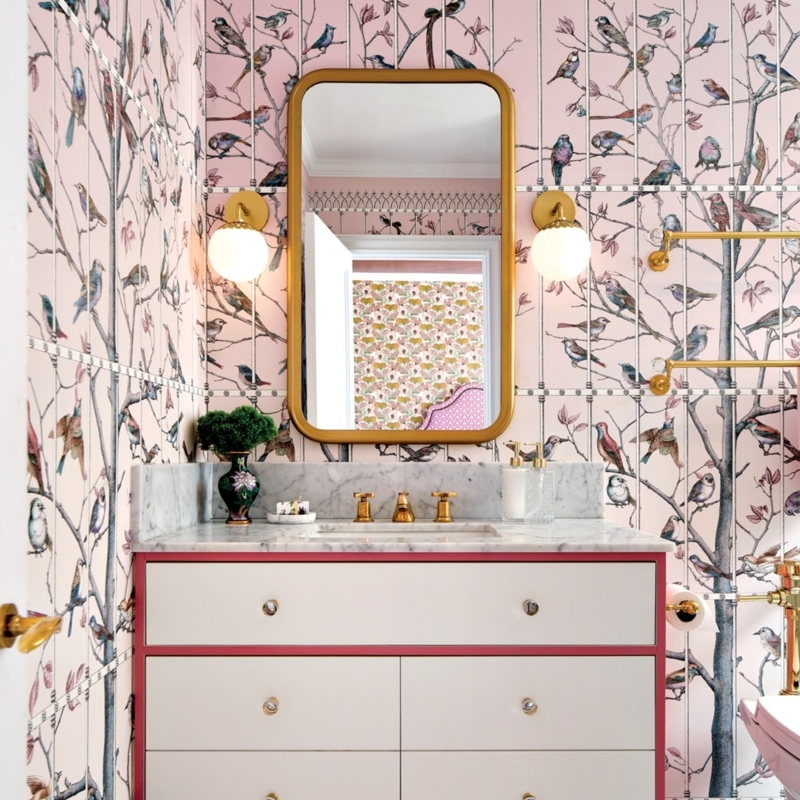 Bathroom Vanity Area: Bird Pattern Wallpaper and Rounded Corner Mirror