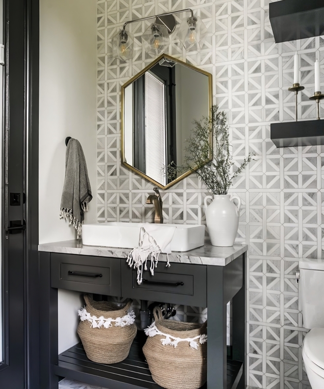 Bathroom Vanity: Charcoal Cabinet against Geometric Wallpaper Accent Wall