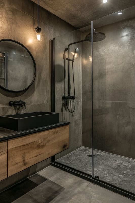 Bathroom Vanity Concept with Concrete Look Walls and Matte Black Fixtures