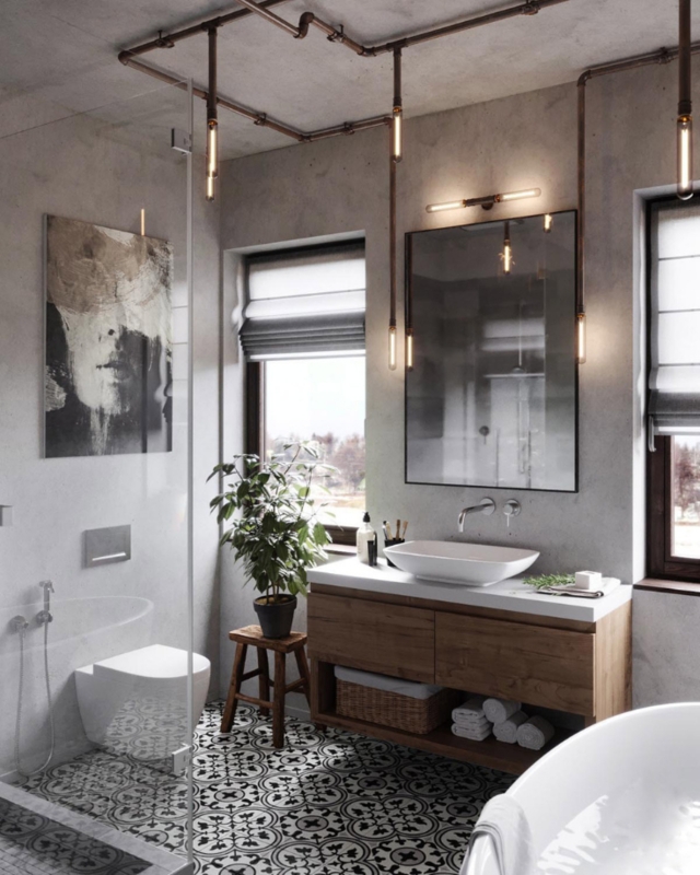Bathroom Vanity Design with Exposed Copper Pipes and Patterned Tiles