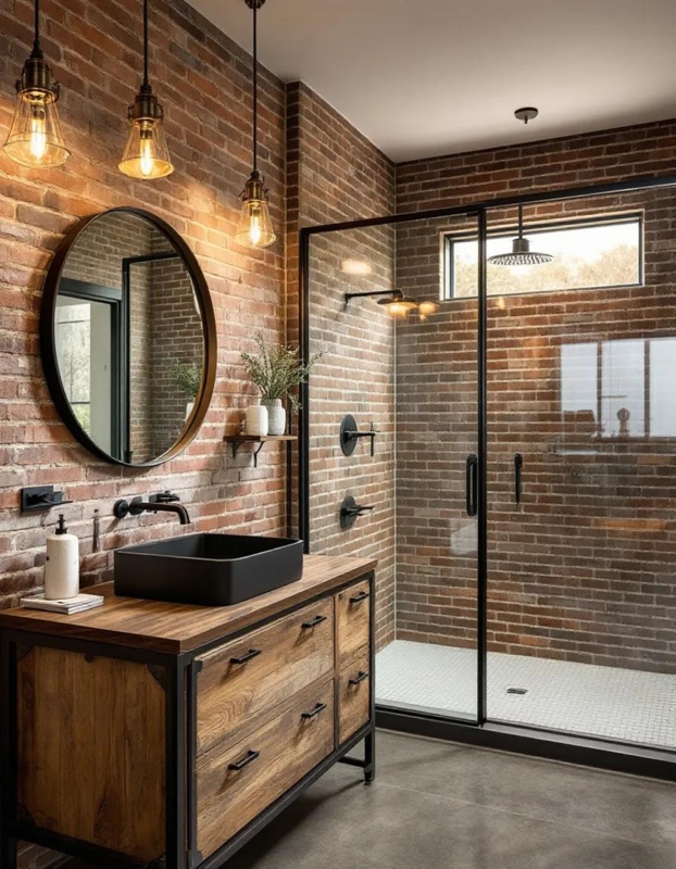 Bathroom Vanity Featuring Black Vessel Sink and Exposed Brick Walls