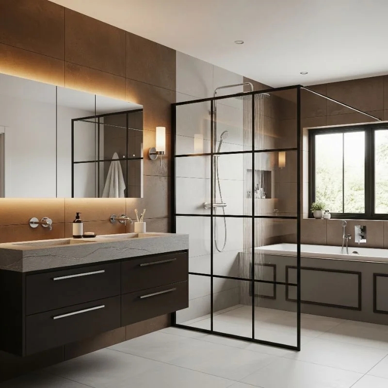 Bathroom Vanity Floating Style with Black Grid Shower Partition