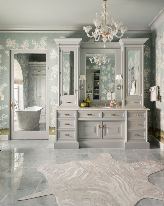 Bathroom Vanity Grand Gray Unit Floral Wallpaper Hide Rug