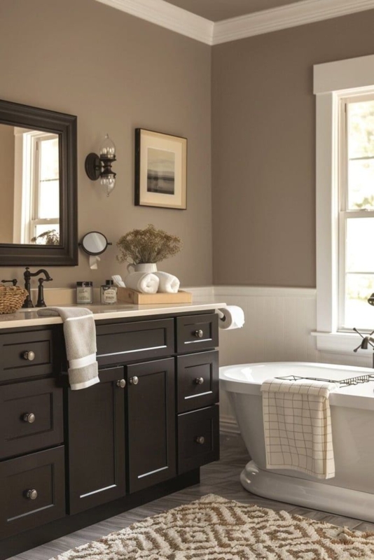 Bathroom Vanity in Espresso Finish with Taupe Walls and Wainscoting