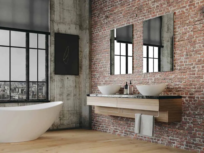 Bathroom Vanity Layout with Exposed Brick Wall and Crittall Style Window