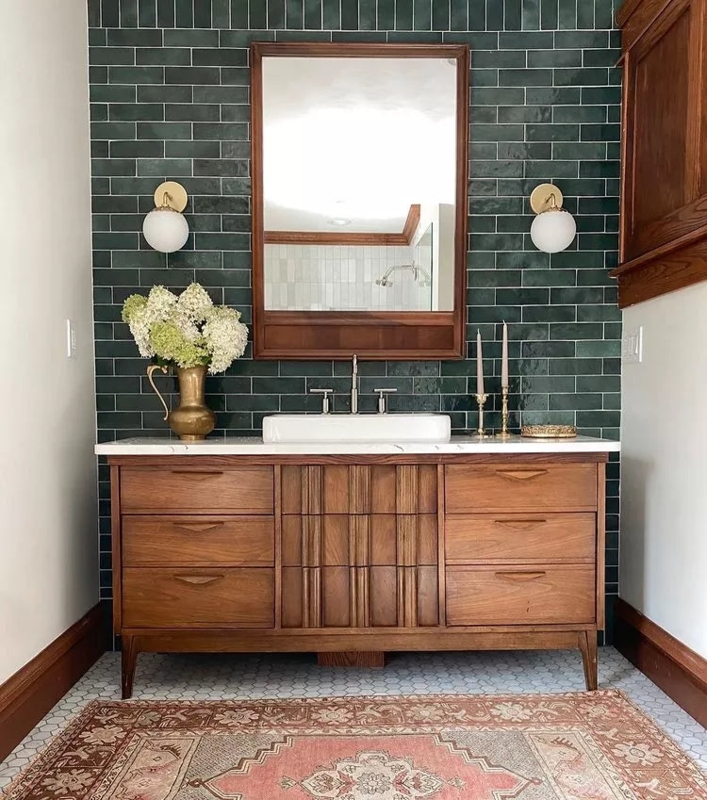 Bathroom Vanity: Mid-Century Wood Cabinet against Forest Green Subway Tile