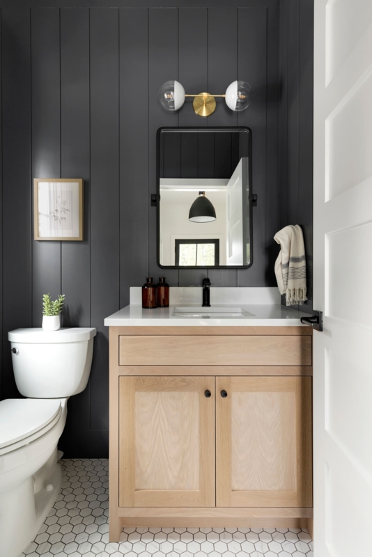 Bathroom Vanity Modern Light Wood with Dark Slat Walls and Hex Tile
