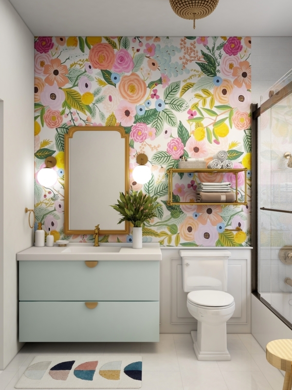 Bathroom Vanity: Seafoam Floating Design and Oversized Floral Wallpaper