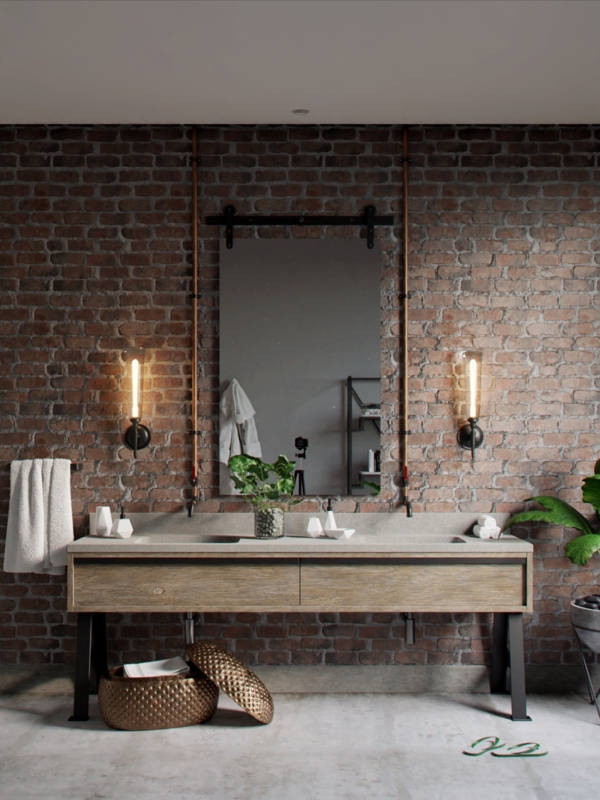 Bathroom Vanity Setup with Sliding Barn Door Mirror and Exposed Plumbing