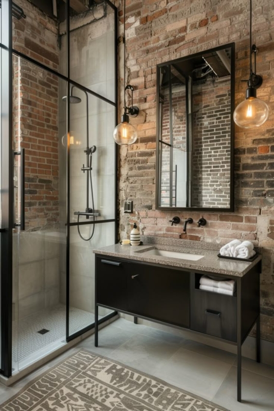 Bathroom Vanity Unit with Exposed Brick Wall and Black Metal Frame