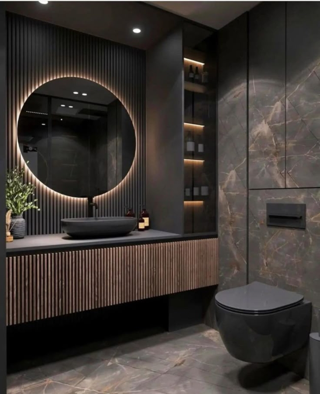 Bathroom Vanity with Backlit Round Mirror and Slatted Front