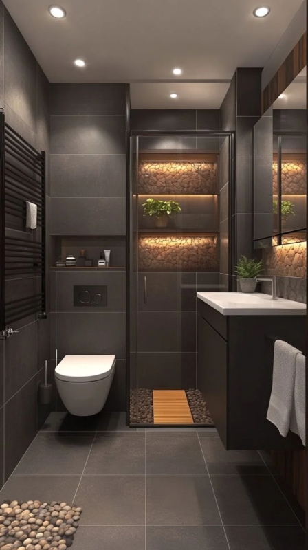 Bathroom Vanity with Backlit Stone Niches and Floating Fixtures