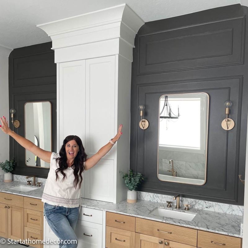 Bathroom Vanity with Charcoal Grey Accent Wall & Gold Hardware