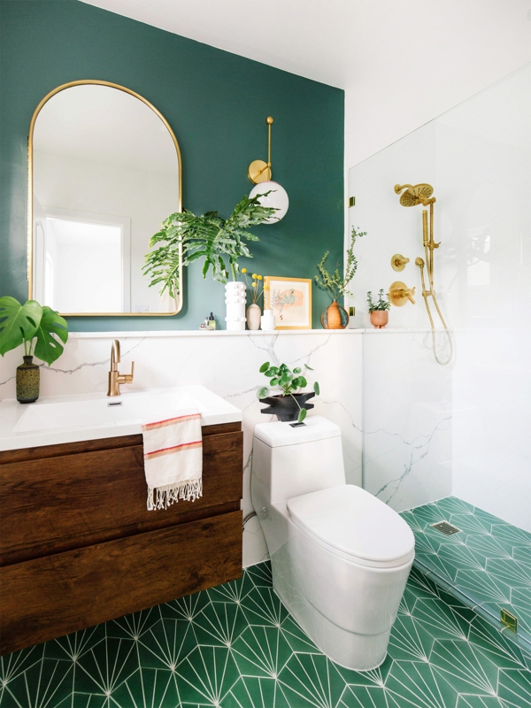 Bathroom Vanity with Emerald Green Accent Wall & Starburst Tile
