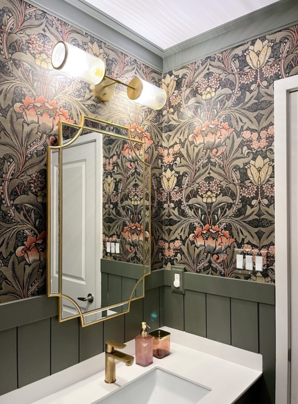 Bathroom Vanity with Floral Wallpaper & Green Wainscoting