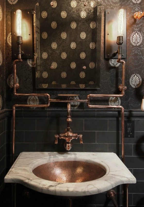 Bathroom Vanity with Hammered Copper Basin and Pipe Lighting