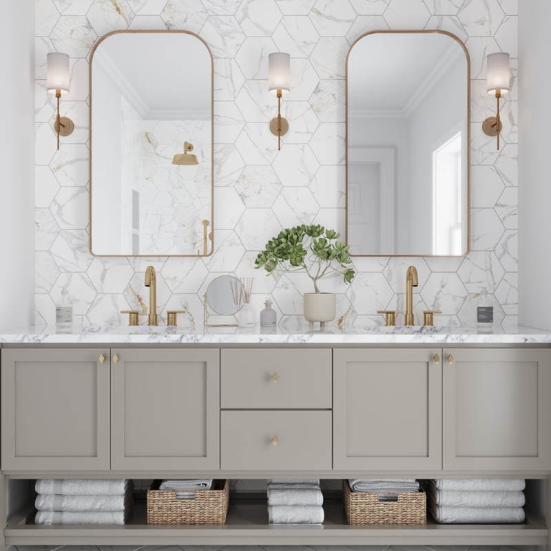 Bathroom Vanity with Marble Hex Tile Accent Wall & Arched Mirrors
