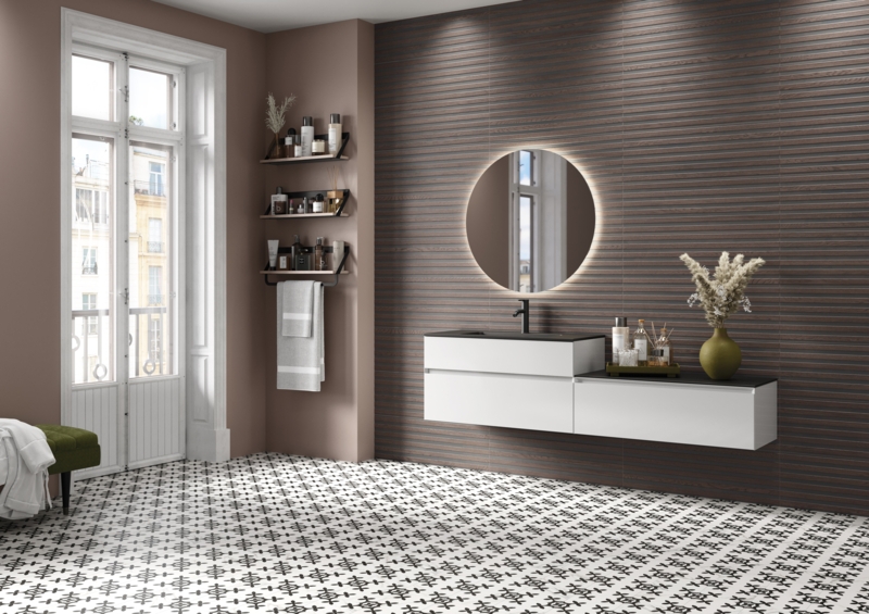 Bathroom Vanity with Ribbed Wood Look Accent Wall & Backlit Mirror