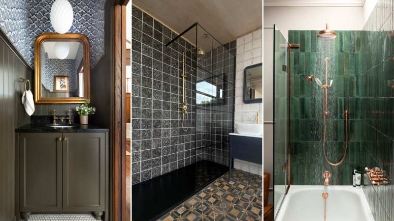 Bathroom Vanity with Textured Black Tiles and Mixed Metals Design