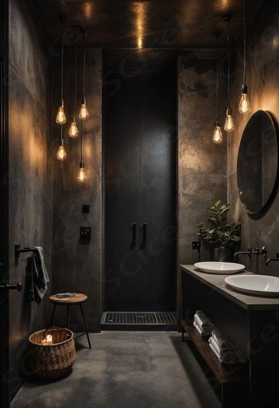 Bathroom Vanity with Textured Concrete Walls and Pendant Lighting