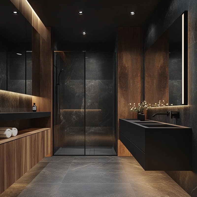 Bathroom Vanity with Walnut Wood Paneling and Stone Look Tiling