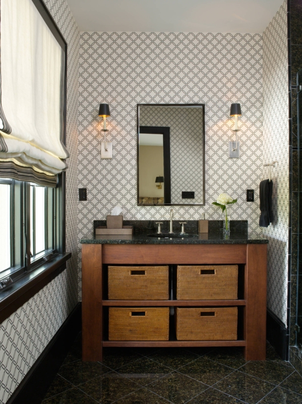 Bathroom Vanity with Wicker Basket Storage and Geometric Wallpaper