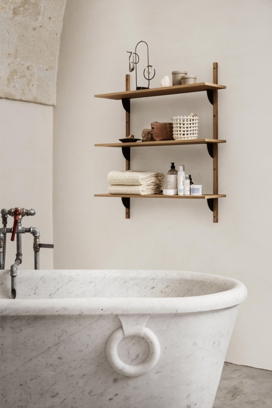 Bathroom Wall Shelving Ideas: Three-Tier Wood & Marble