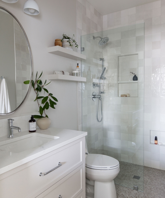 Bathroom with Glass Shower Partition, Square Wall Tiles, Small Layout