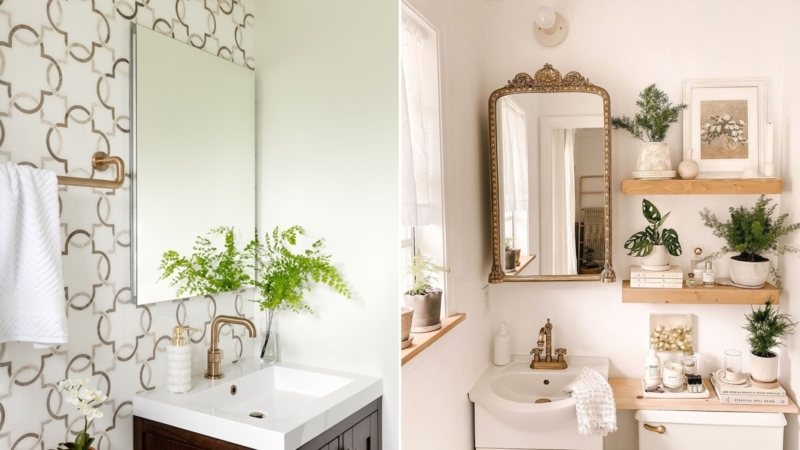 Bathroom with Gold Fixtures, Floating Shelves and Ornate Mirrors