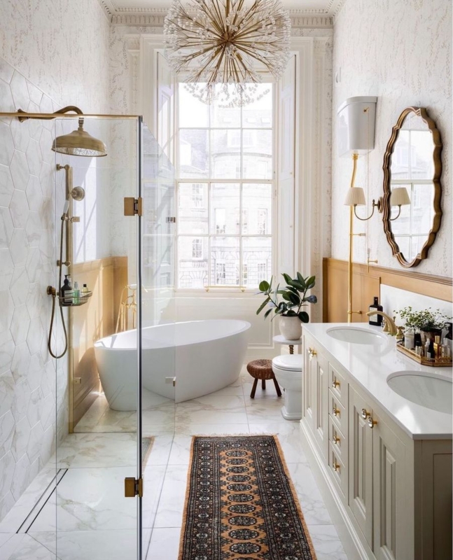 Bathroom with Gold Starburst Chandelier and Elegant Neutral Design