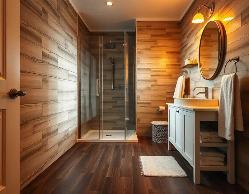 Bathroom with Horizontal Plank Walls, Dark Wood Flooring, and White Vanity