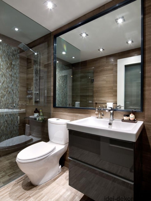Bathroom with Horizontal Wood-Toned Tile Walls and Glossy Vanity
