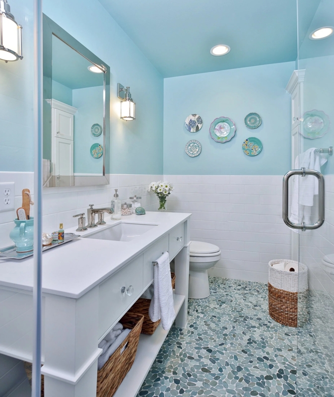 Bathroom with Pebble Tile Floor and White Subway Wainscoting