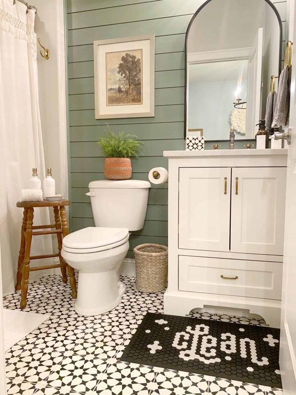 Bathroom with Sage Green Shiplap and Geometric Tile Floor