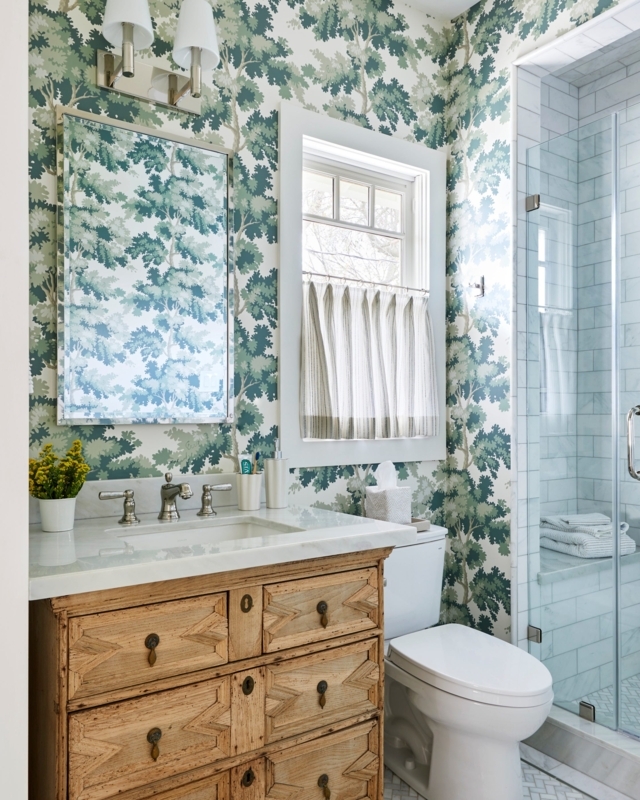 Bathroom with Scenic Tree Wallpaper and Carved Wood Vanity Interior