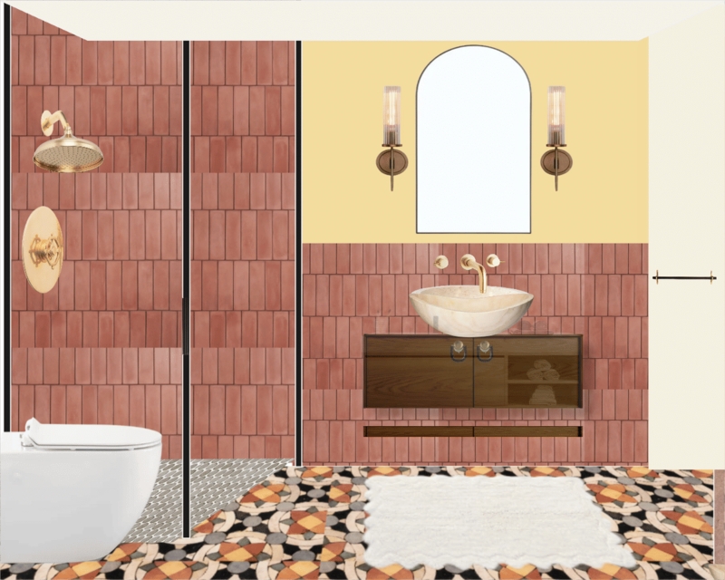 Bathroom with Terracotta Vertical Tiles and Geometric Floor Pattern