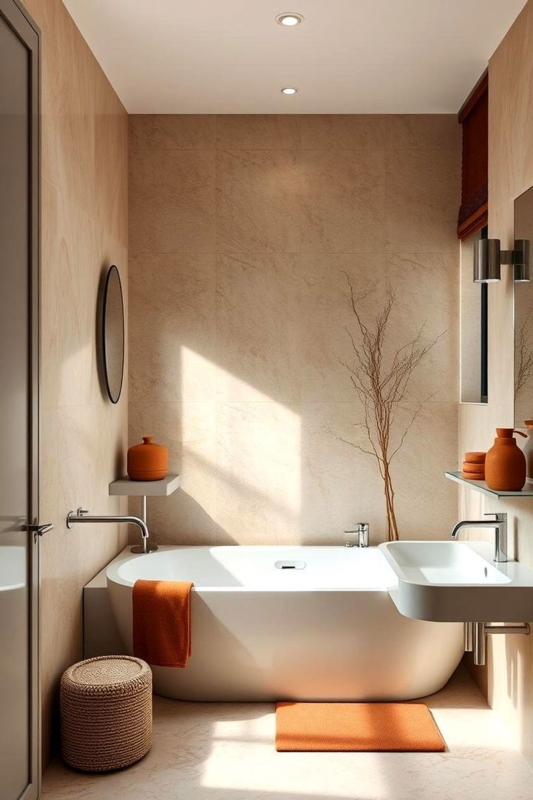 Bathtub Integrated Design with Stone Look Tiling and Burnt Orange