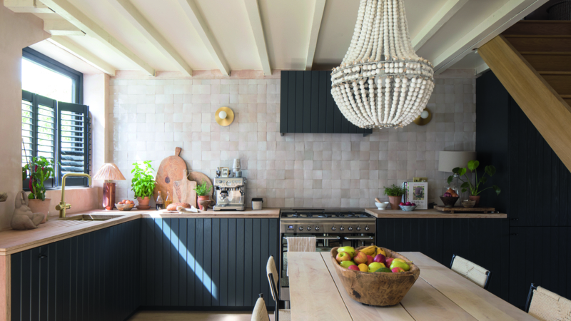 Beaded Chandelier Kitchen Lighting Ideas with Slatted Cabinets