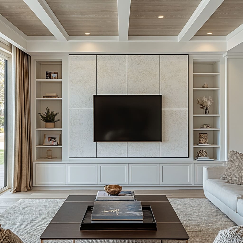 Beamed Shiplap Ceiling Design Custom Media Wall