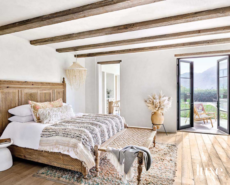 Bed Carved Wood Headboard Exposed Rustic Beams Boho Bedroom Decor