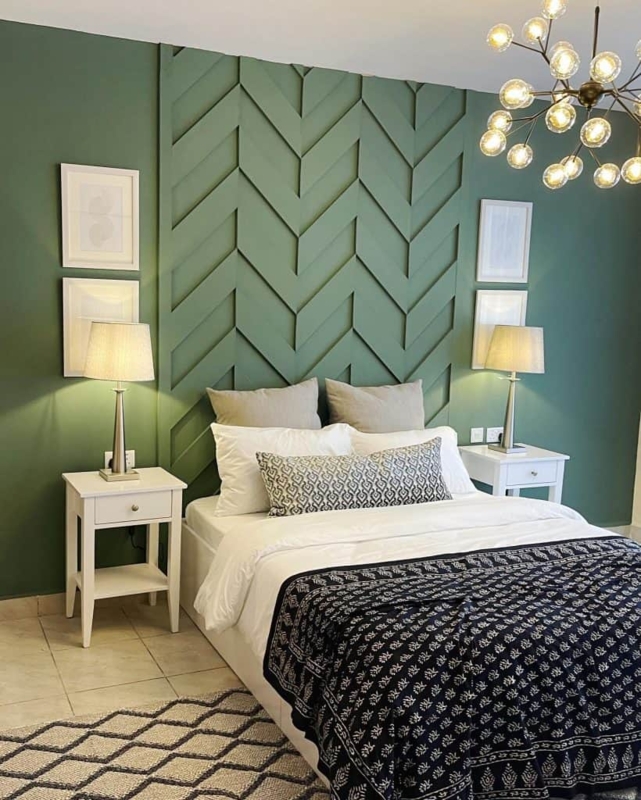 Bed Chevron Accent Wall Green Palette Sputnik Lighting Ideas