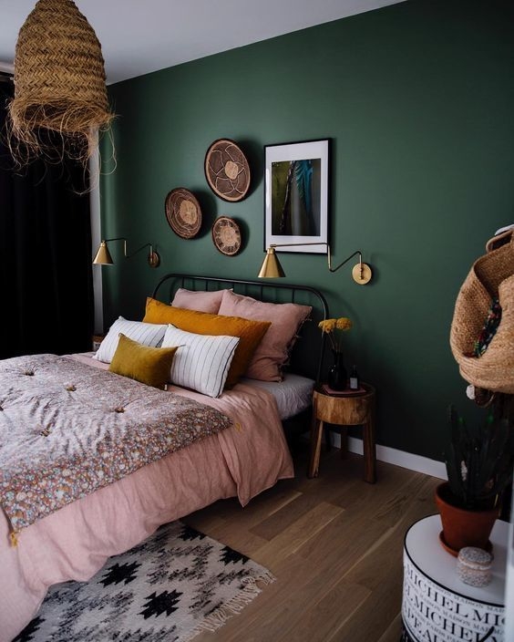 Bed Dark Green Wall Gold Sconce Accents Eclectic Bedroom Metal Bed