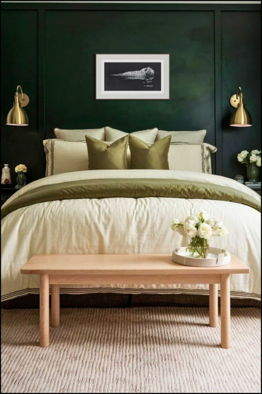Bed Dark Green Walls Brass Sconces Ribbed Rug Bedroom Styling