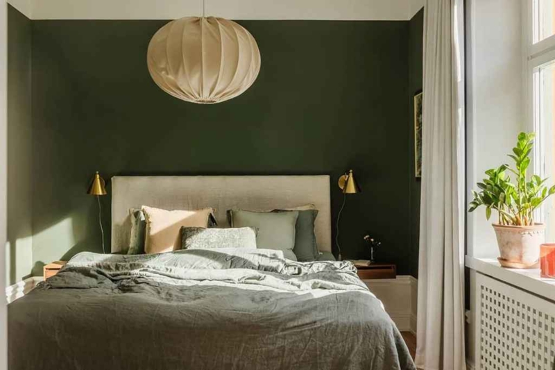 Bed Dark Green Walls Pleated Pendant Light Scandinavian Style Decor