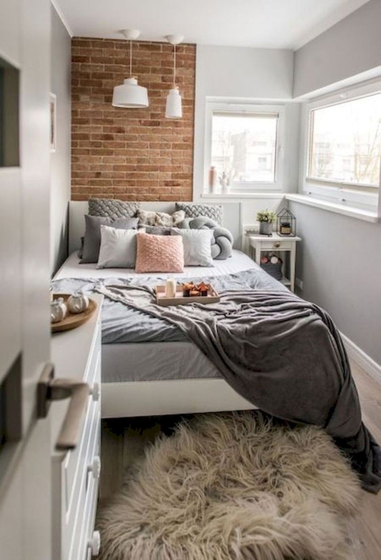 Bed Exposed Brick Wall High Pile Shaggy Rug Dual Pendant Lights