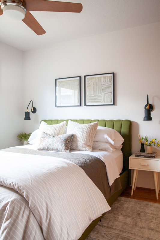 Bed featuring Olive Green Channeled Headboard and Tapered Legs