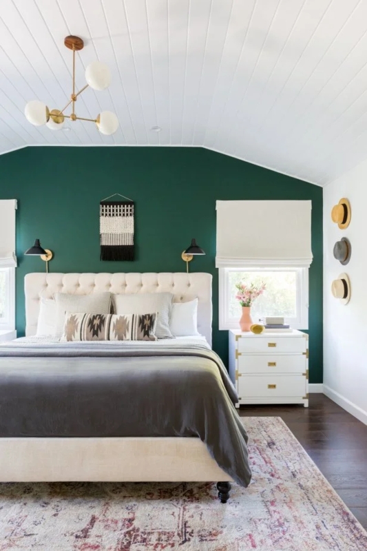Bed Forest Green Wall Tufted Cream Headboard Shiplap Ceiling Ideas