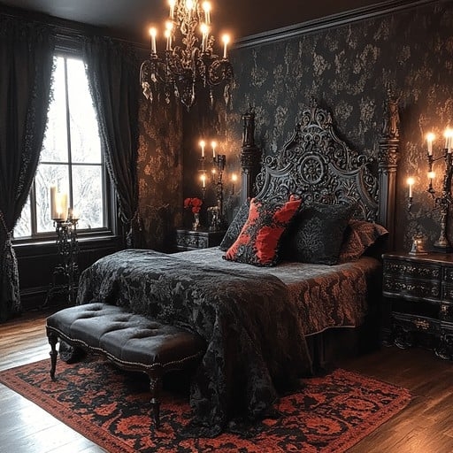 Bed Frame: Gothic Aesthetic Damask Wallpaper Moody Bedroom Red Accents
