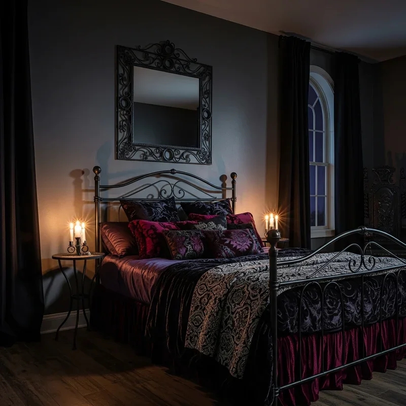 Bed Frame: Ornate Metal Scrollwork & Plum Damask Elegant Dark Decor